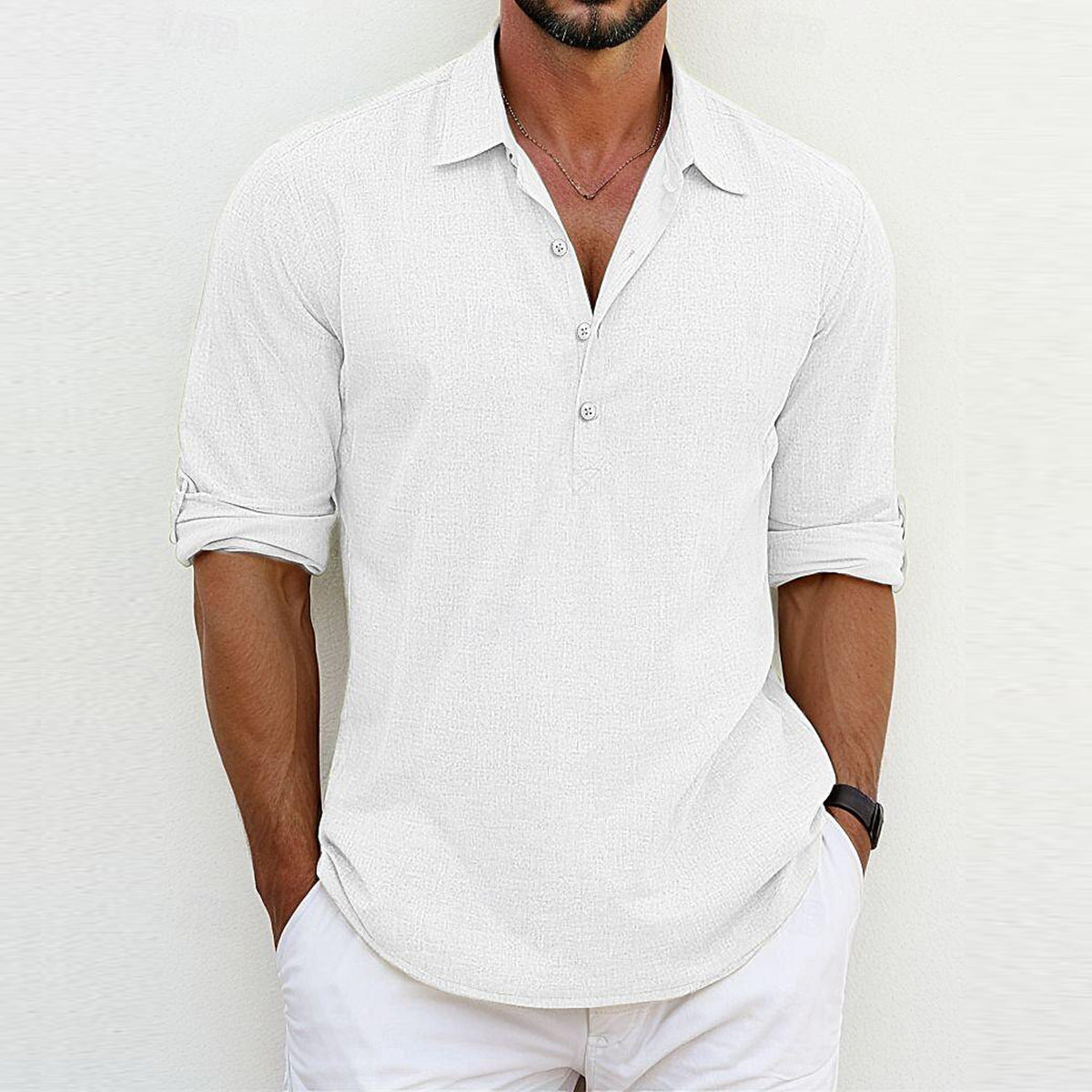 Shirt Linen Blend Long Sleeve for Men