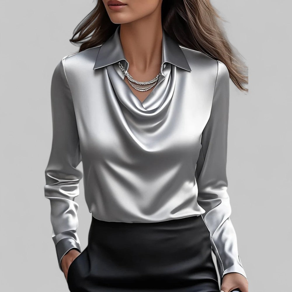 Blouse Draped Neck Long Sleeve Satin for Women