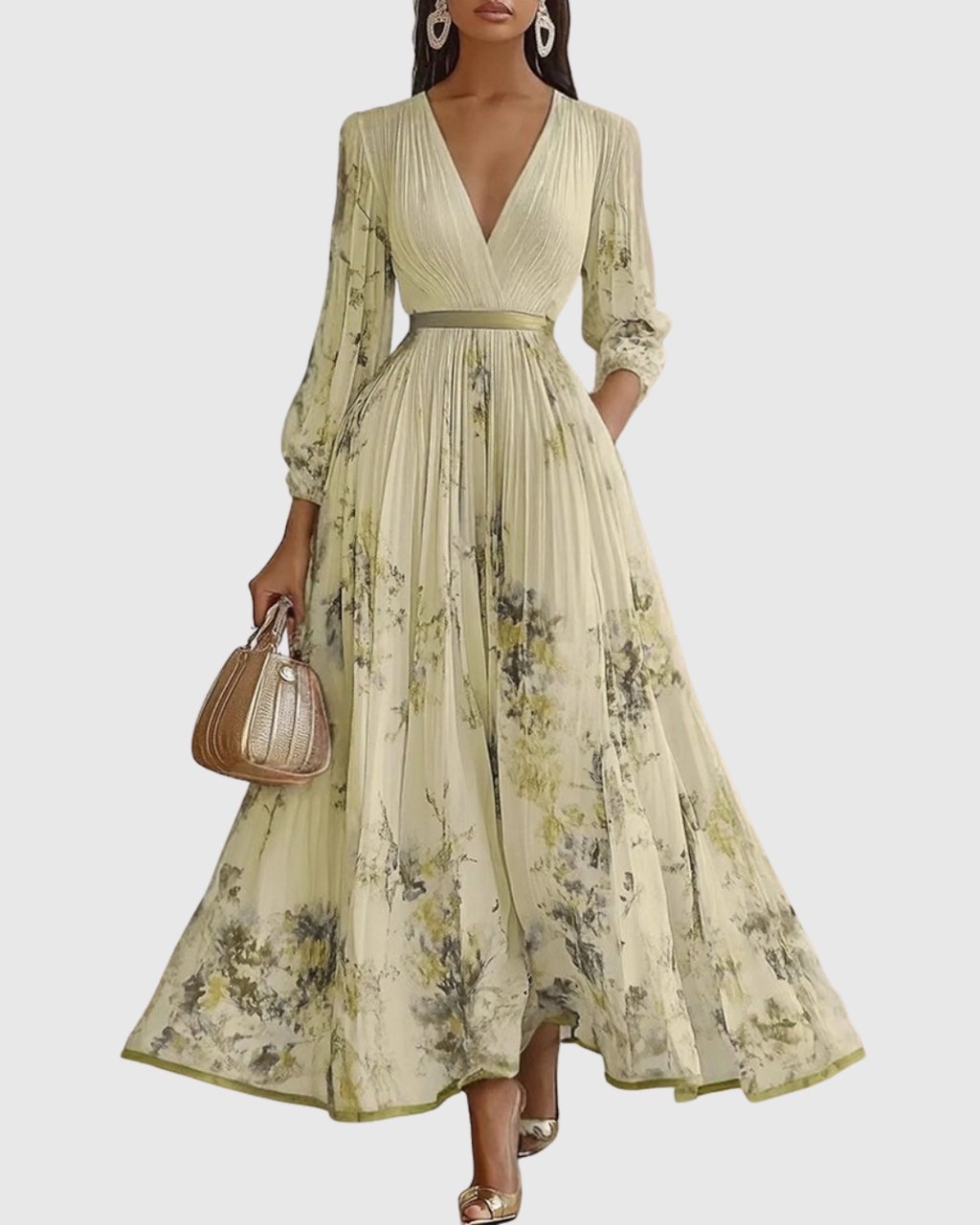 Pleated Maxi Dress V-Neck Long Sleeve for Women