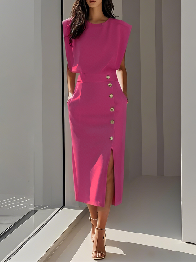 Midi Dress Round Neck Button Detail for Women