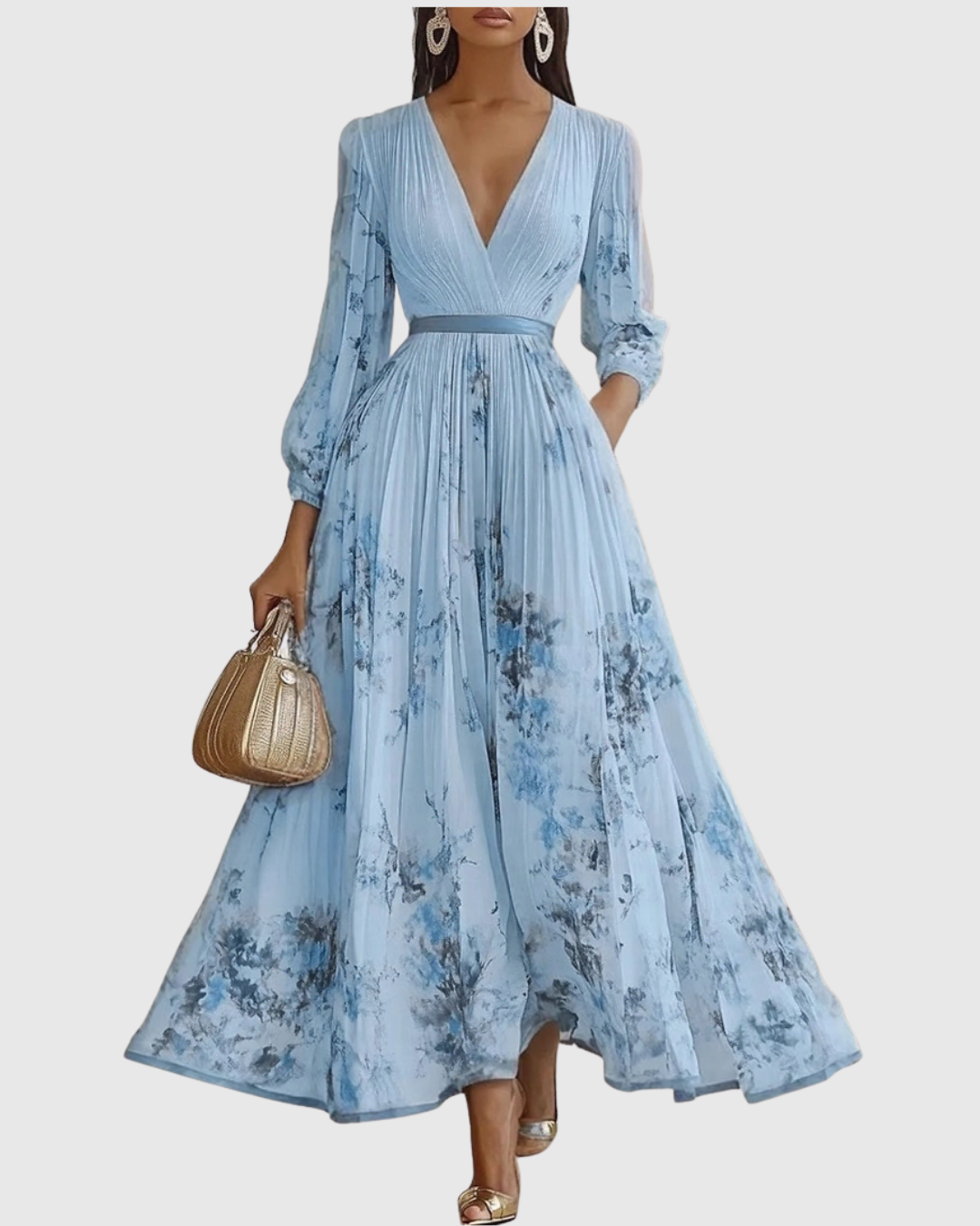 Pleated Maxi Dress V-Neck Long Sleeve for Women