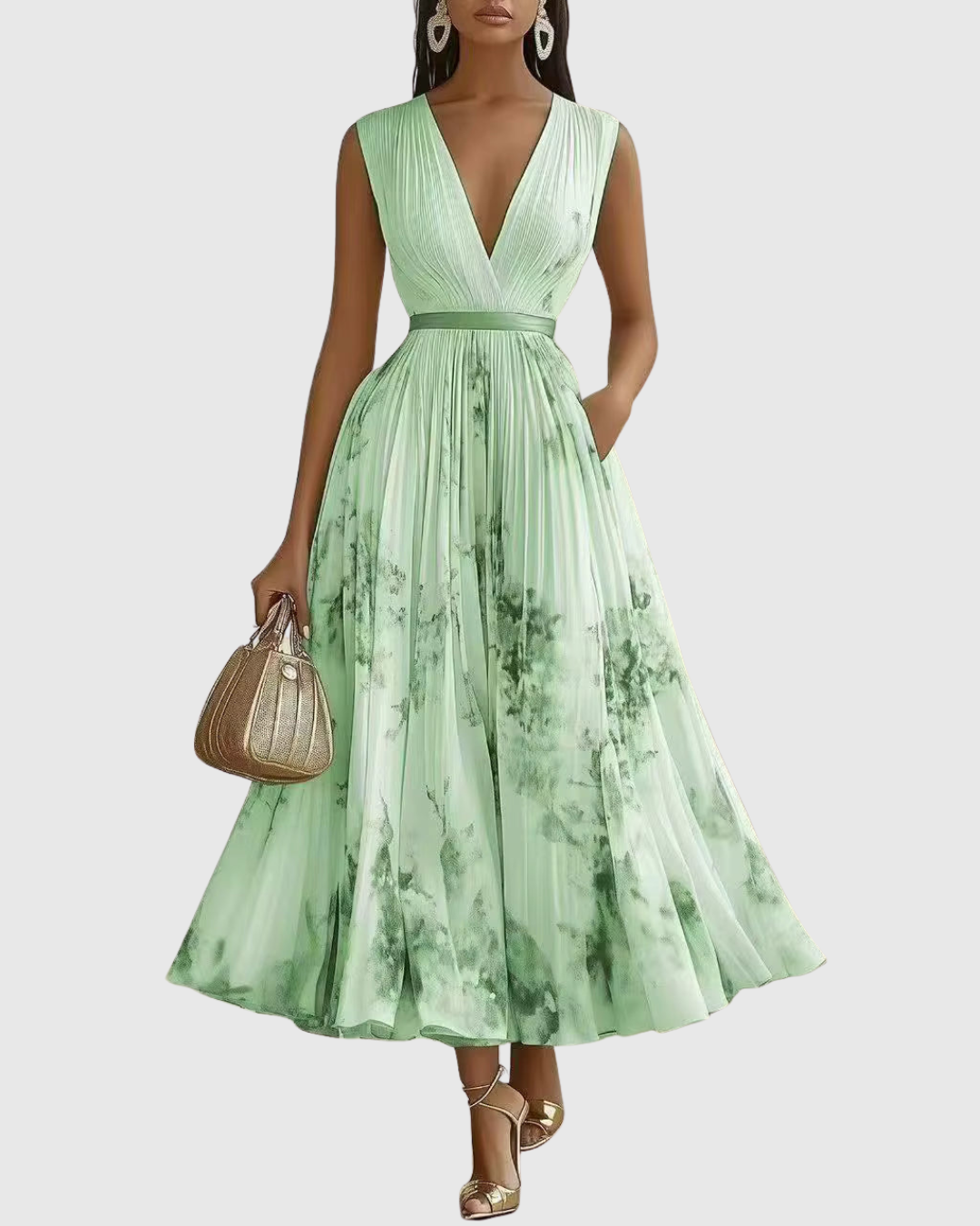 Pleated Maxi Dress V-Neck Long Sleeve for Women