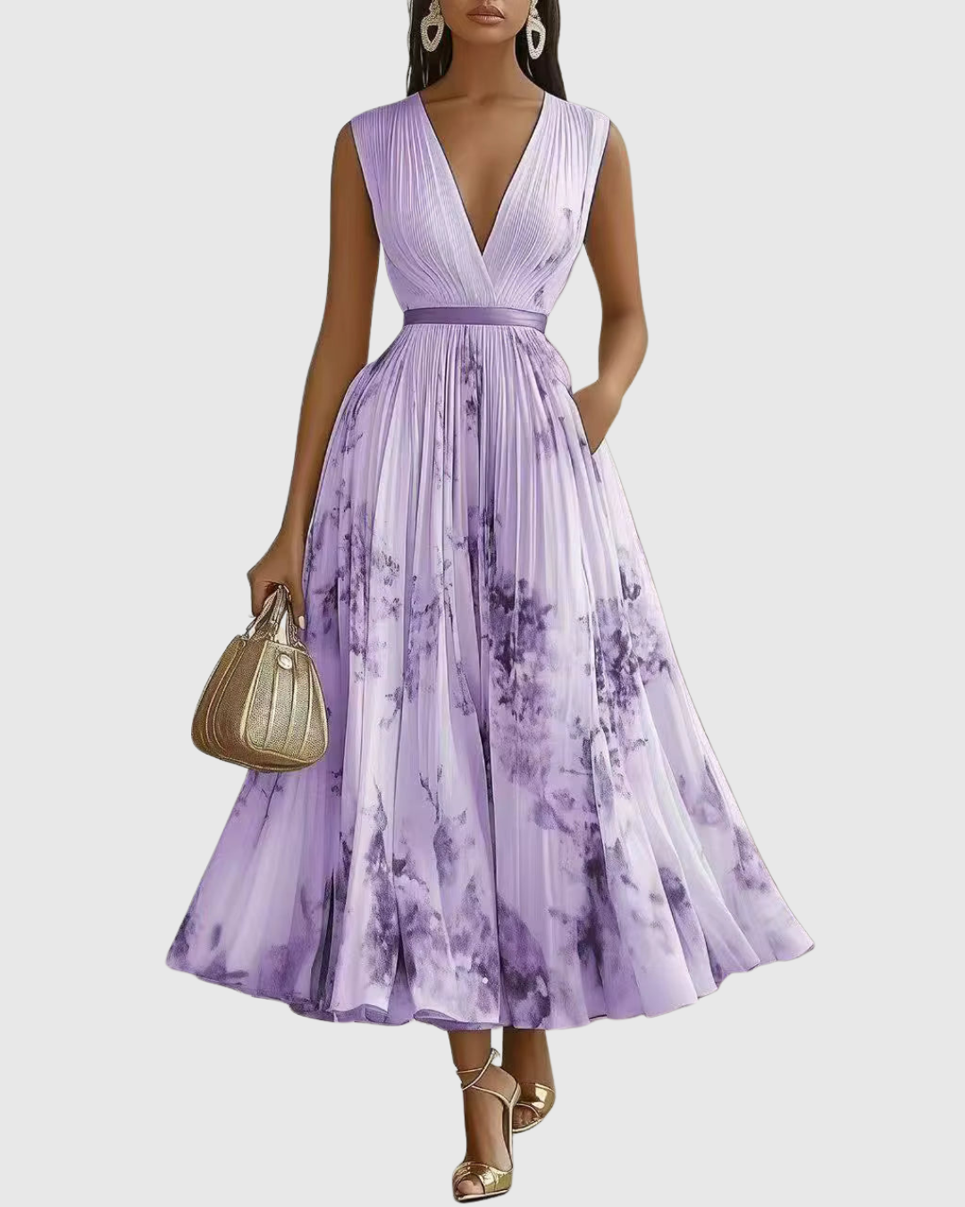 Pleated Maxi Dress V-Neck Long Sleeve for Women
