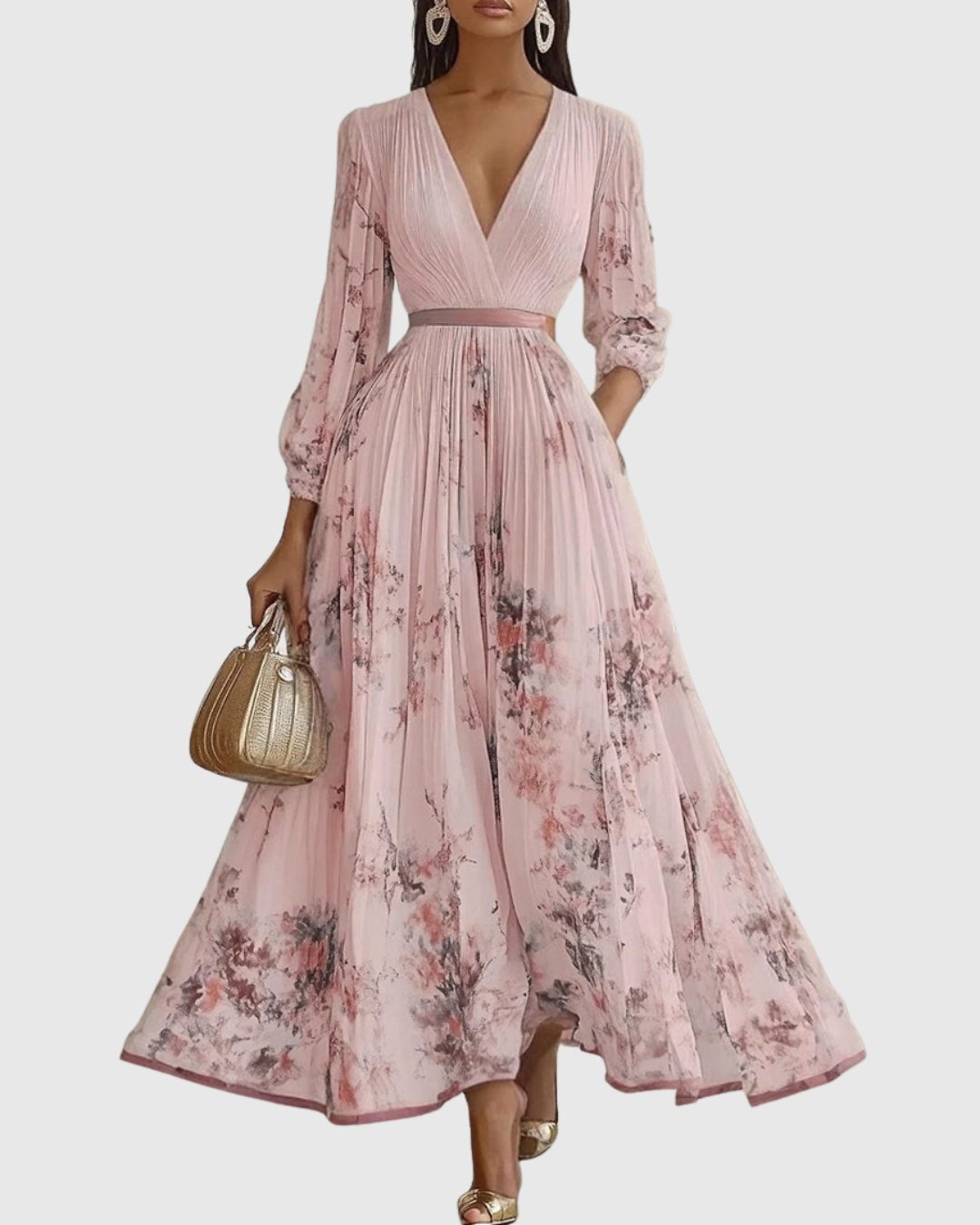 Pleated Maxi Dress V-Neck Long Sleeve for Women