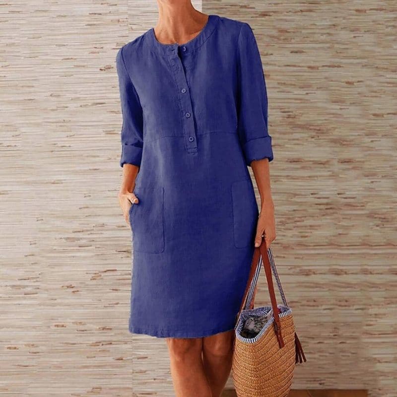 Linen Cotton Shift Dress Button-Front with Pockets for Women