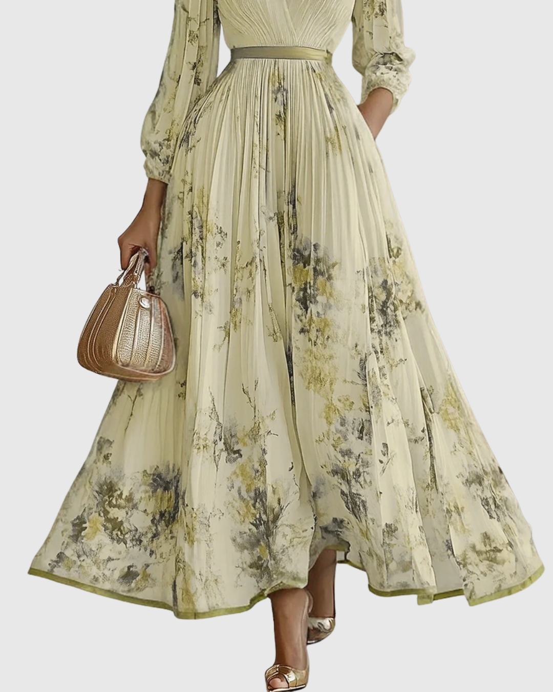 Pleated Maxi Dress V-Neck Long Sleeve for Women