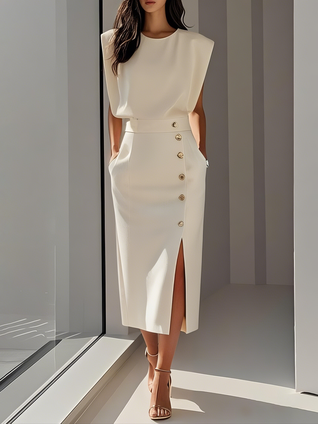 Midi Dress Round Neck Button Detail for Women
