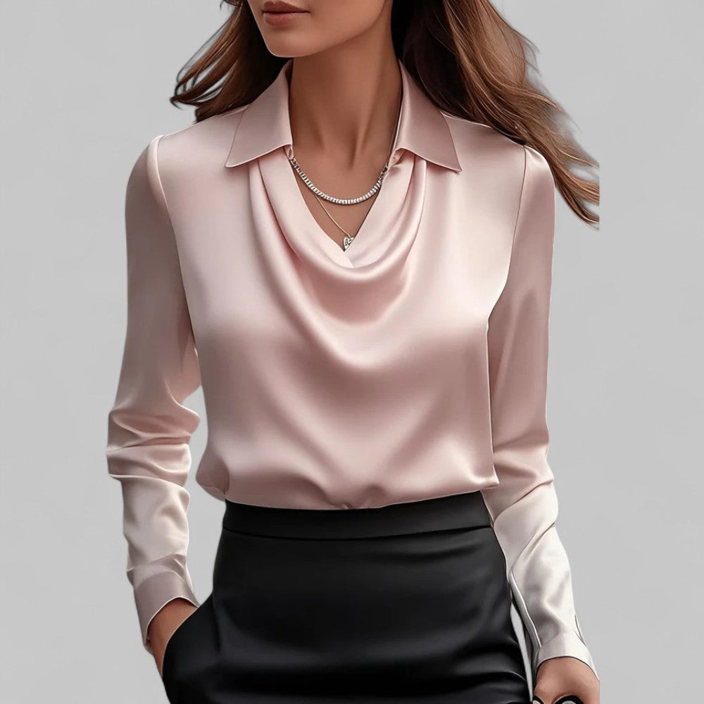 Blouse Draped Neck Long Sleeve Satin for Women
