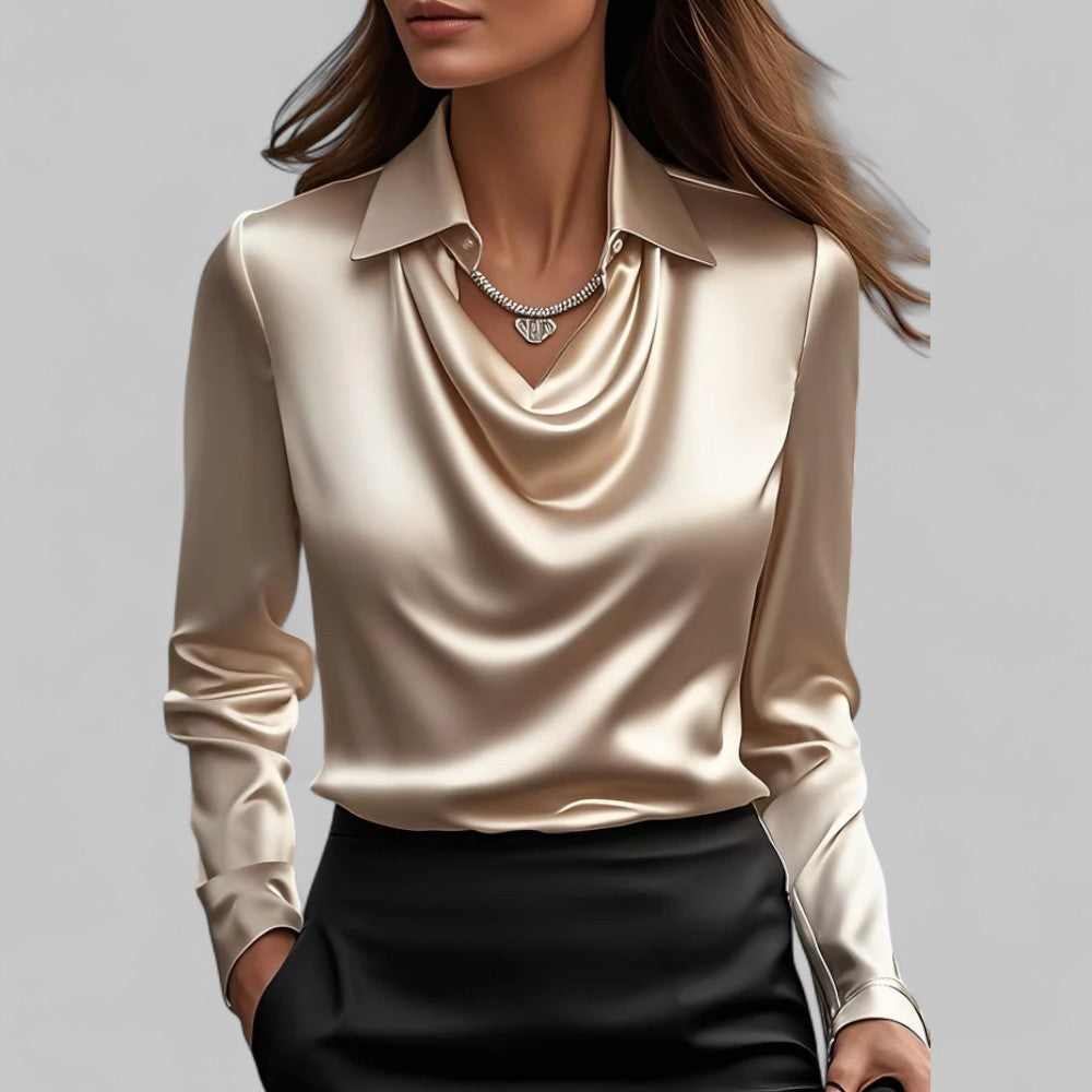 Blouse Draped Neck Long Sleeve Satin for Women