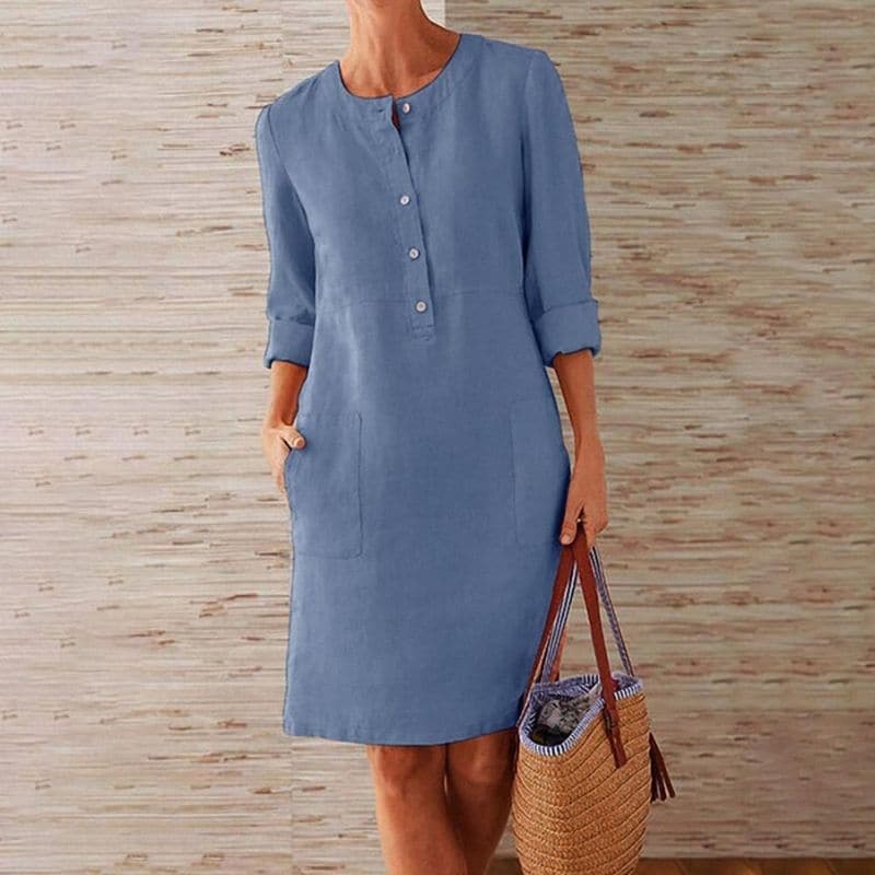 Linen Cotton Shift Dress Button-Front with Pockets for Women