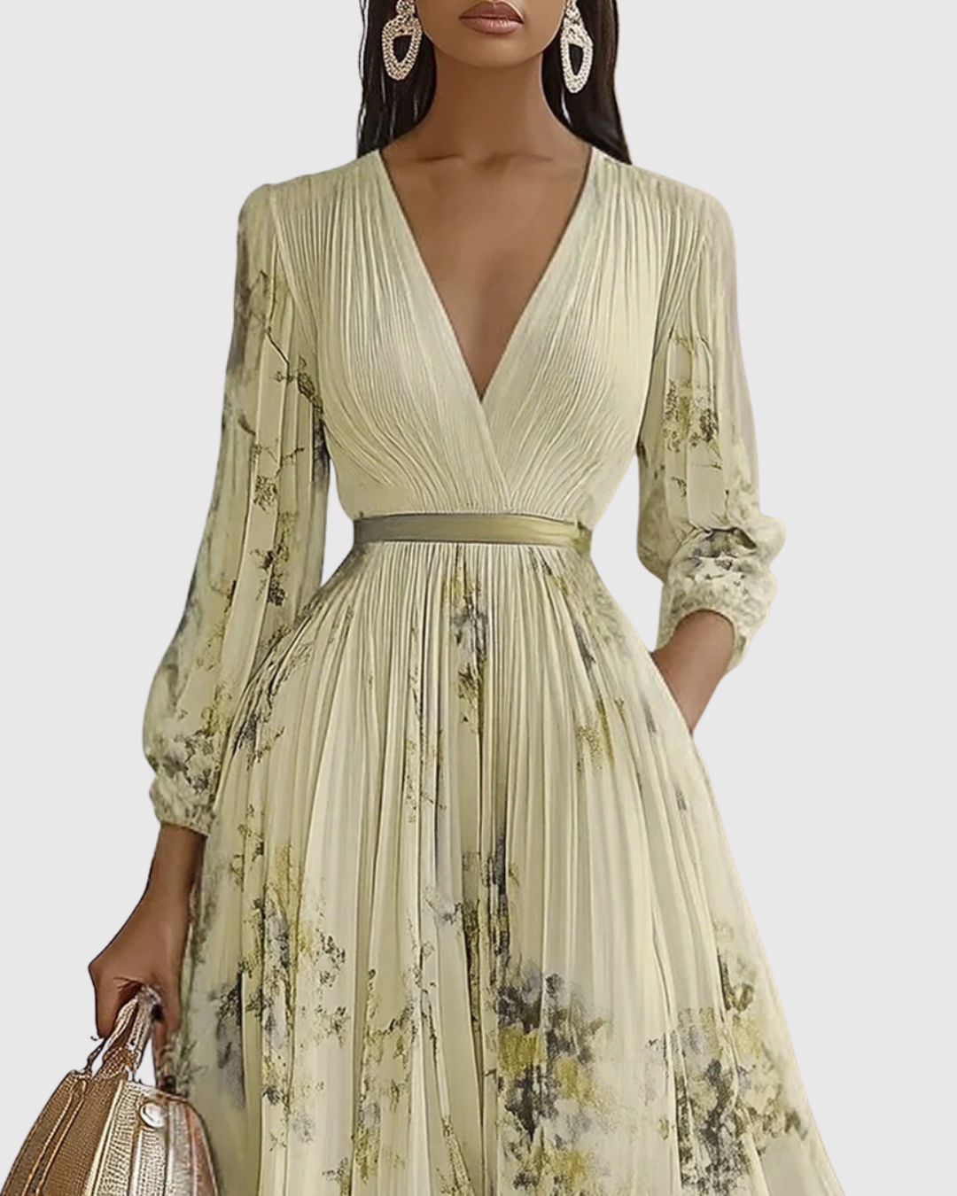 Pleated Maxi Dress V-Neck Long Sleeve for Women