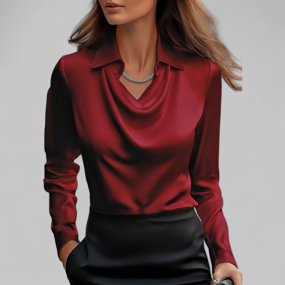 Blouse Draped Neck Long Sleeve Satin for Women
