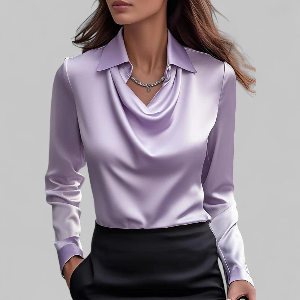 Blouse Draped Neck Long Sleeve Satin for Women