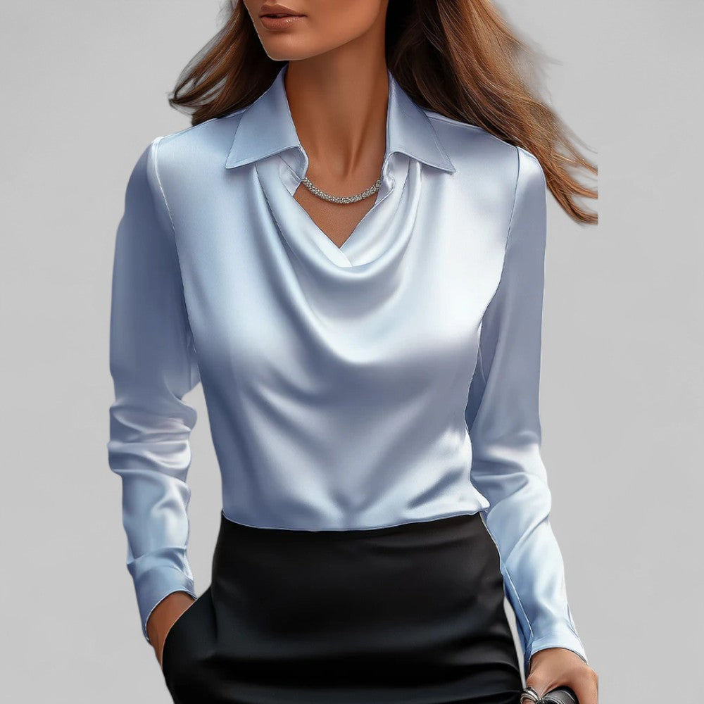 Blouse Draped Neck Long Sleeve Satin for Women