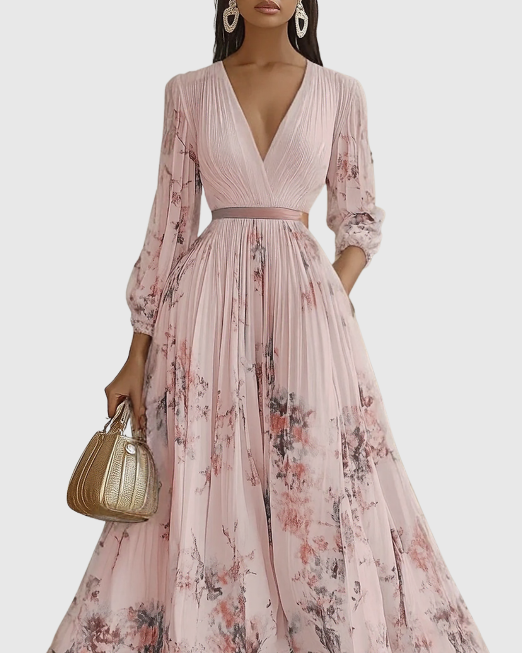 Pleated Maxi Dress V-Neck Long Sleeve for Women