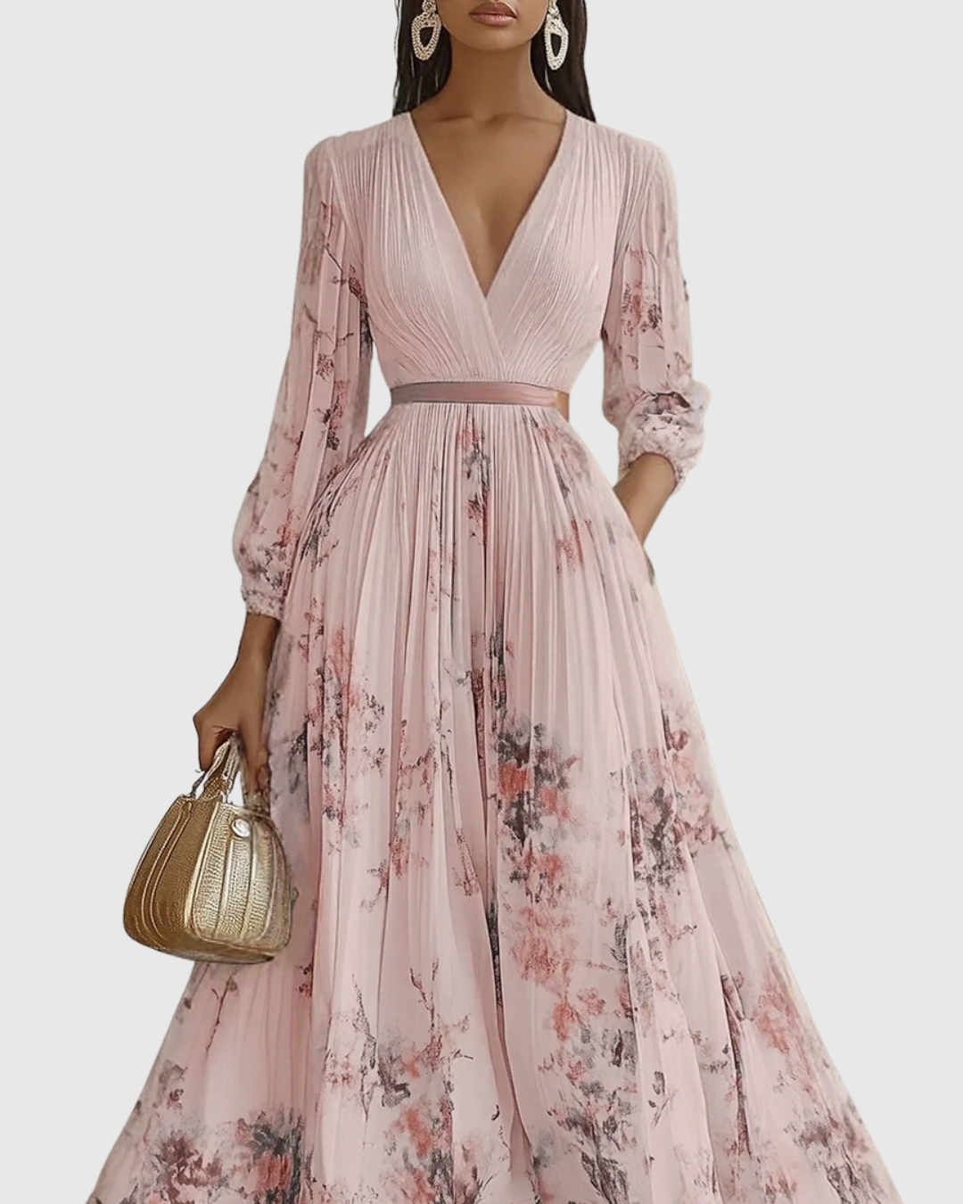 Pleated Maxi Dress V-Neck Long Sleeve for Women