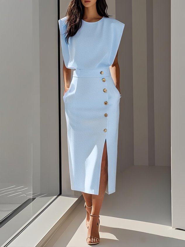 Midi Dress Round Neck Button Detail for Women