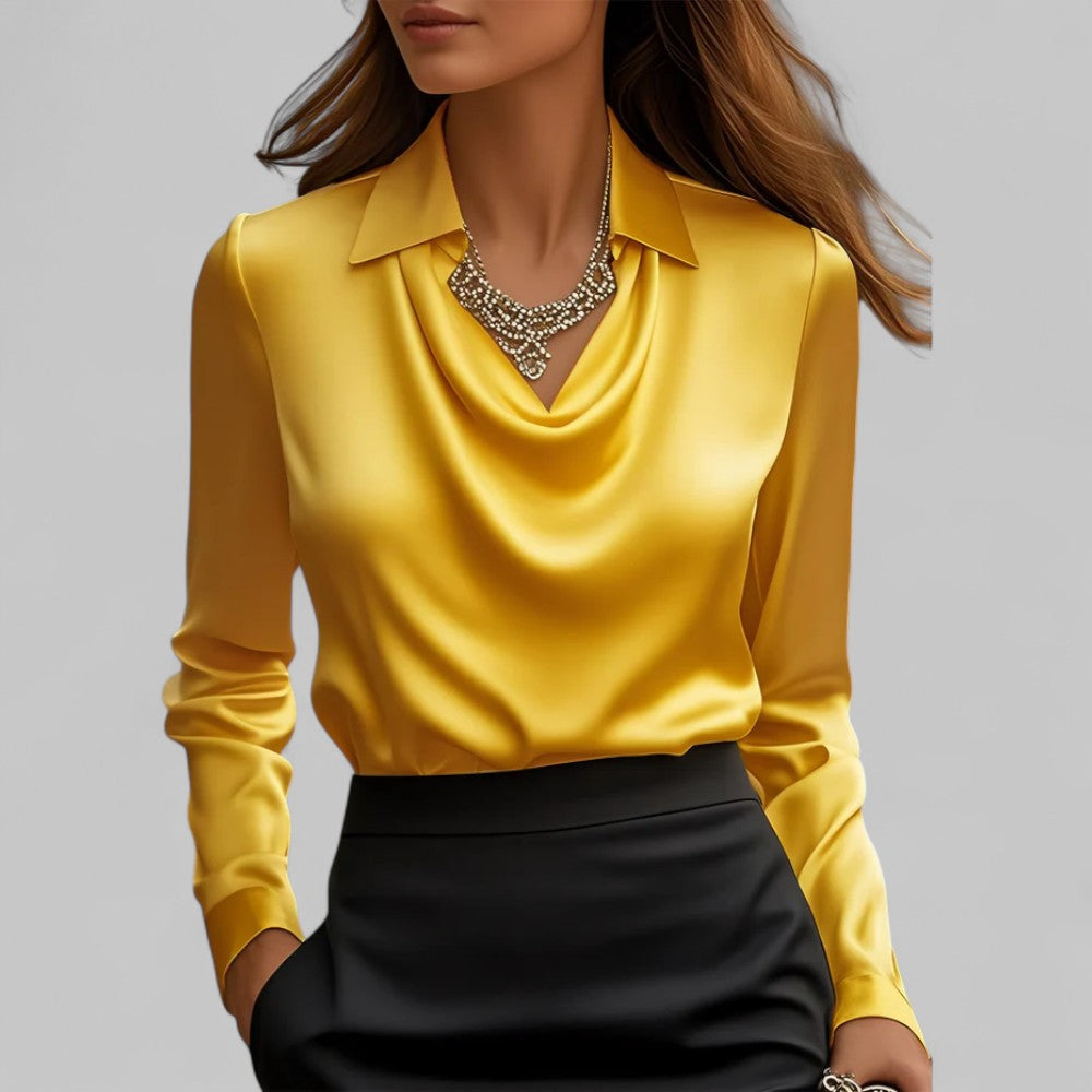 Blouse Draped Neck Long Sleeve Satin for Women