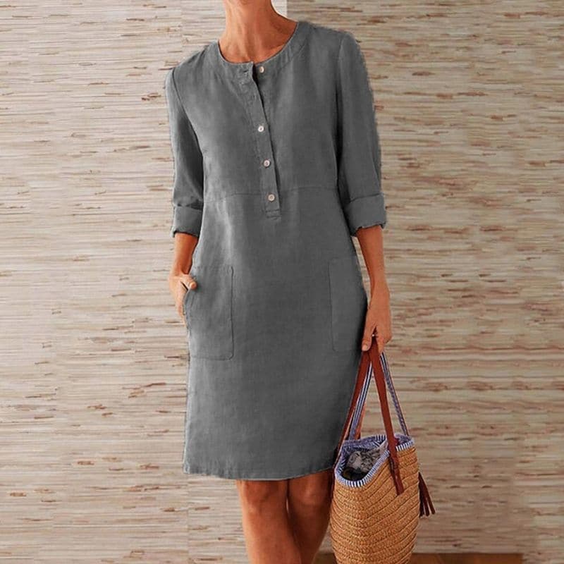Linen Cotton Shift Dress Button-Front with Pockets for Women