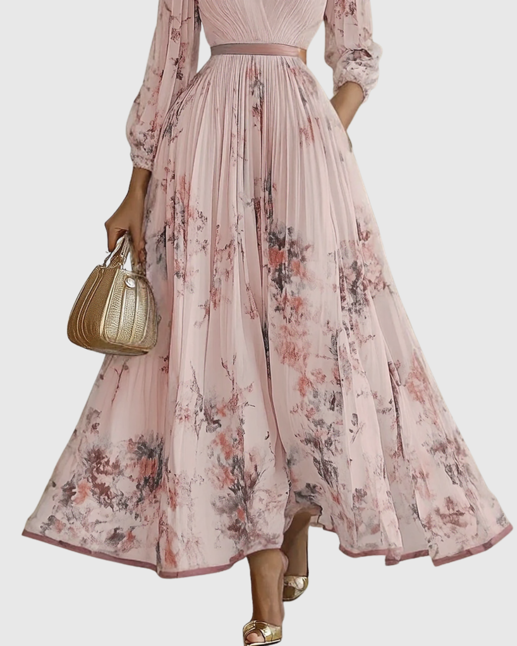 Pleated Maxi Dress V-Neck Long Sleeve for Women
