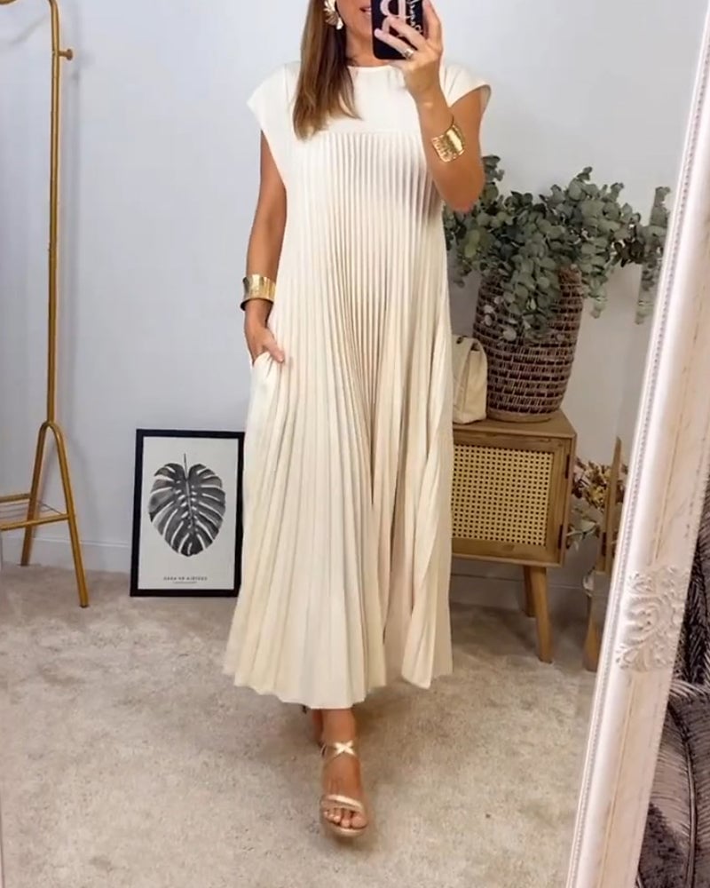 Pleated Long Dress Round Neck Sleeveless for Women | Perfect for Everyday Wear