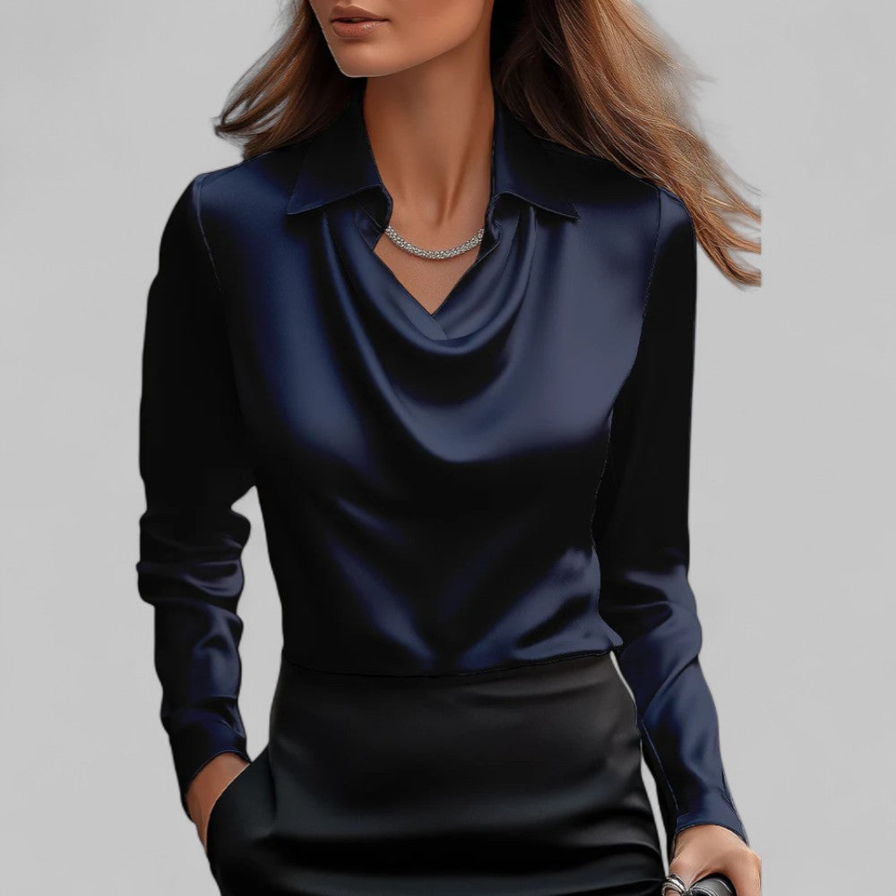 Blouse Draped Neck Long Sleeve Satin for Women