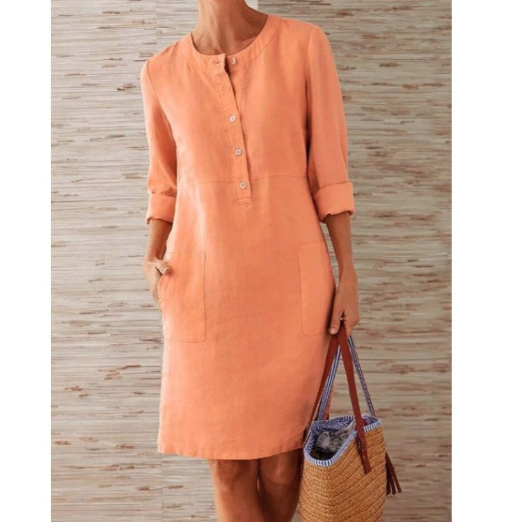 Linen Cotton Shift Dress Button-Front with Pockets for Women