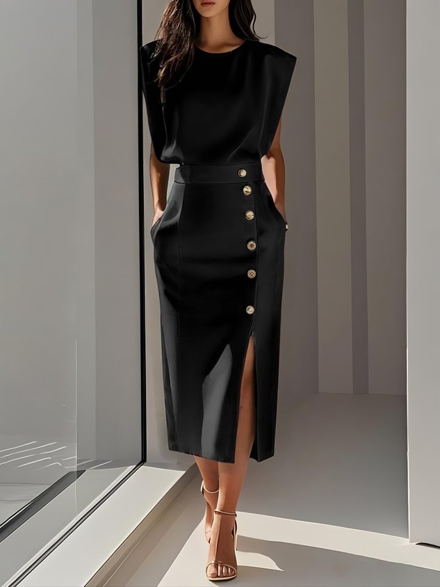 Midi Dress Round Neck Button Detail for Women