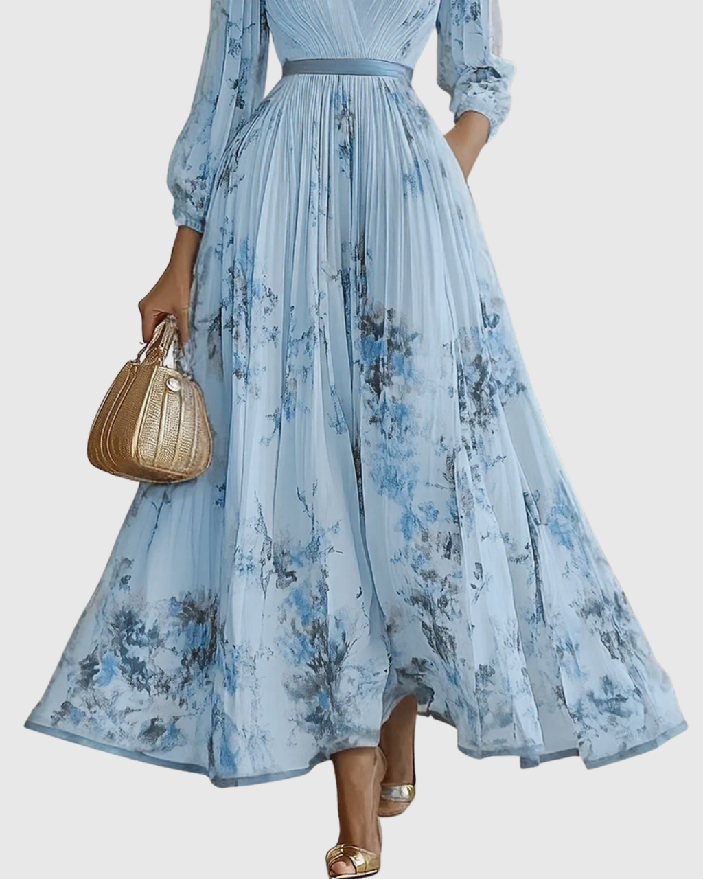 Pleated Maxi Dress V-Neck Long Sleeve for Women