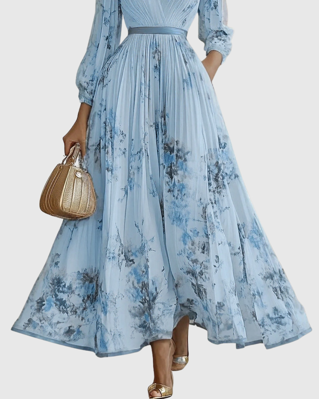 Pleated Maxi Dress V-Neck Long Sleeve for Women