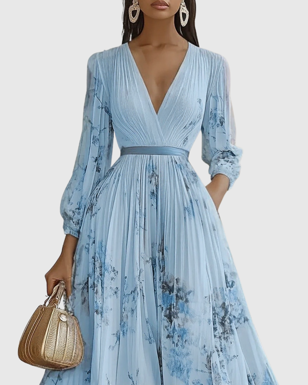 Pleated Maxi Dress V-Neck Long Sleeve for Women