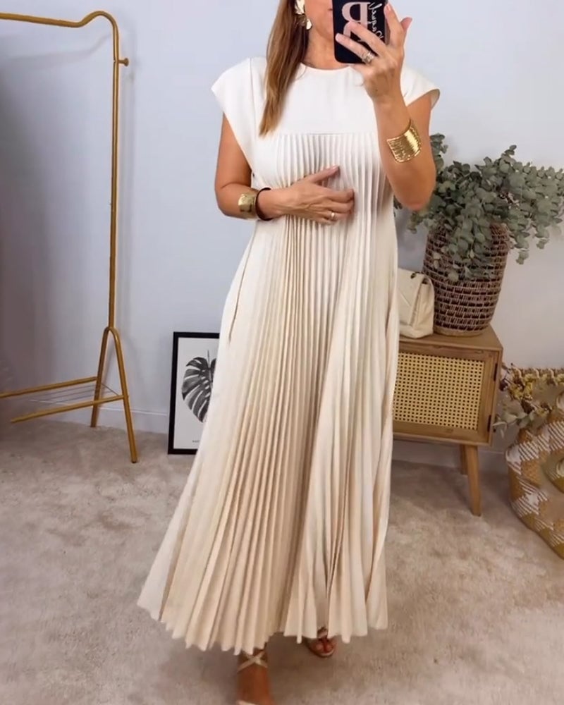 Pleated Long Dress Round Neck Sleeveless for Women | Perfect for Everyday Wear