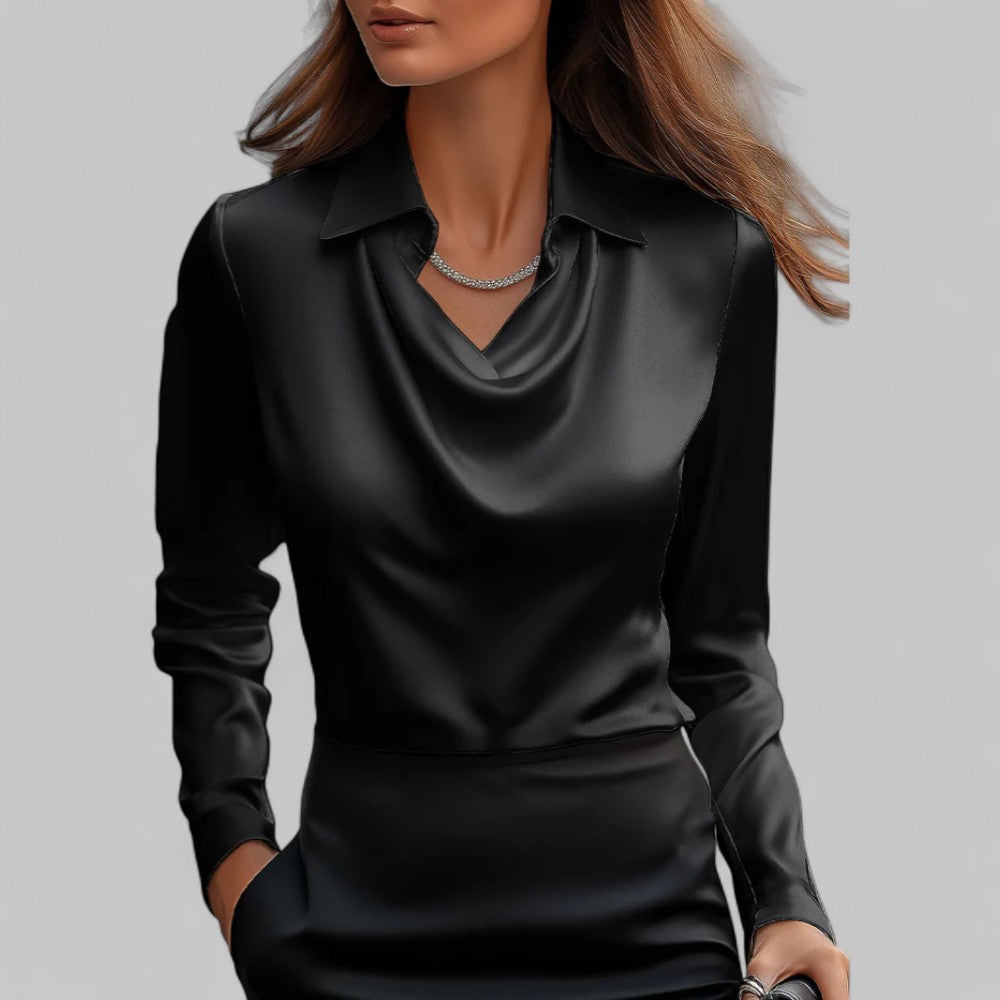Blouse Draped Neck Long Sleeve Satin for Women