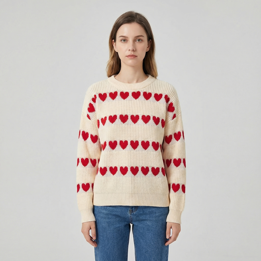 Heart Pattern Round Neck Sweater for Women