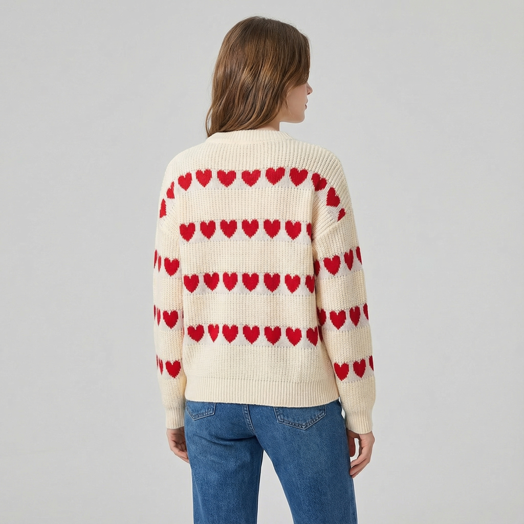 Heart Pattern Round Neck Sweater for Women