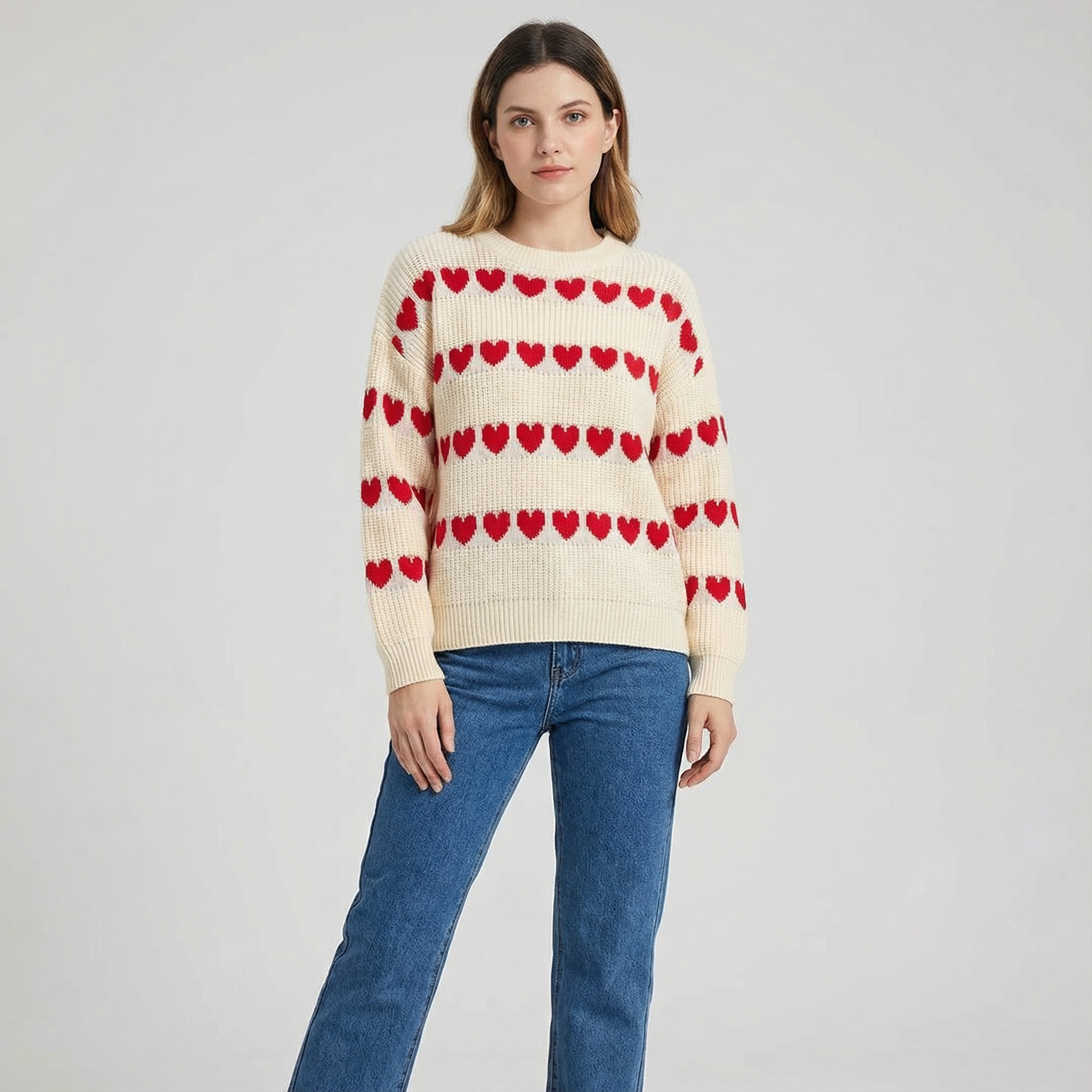Heart Pattern Round Neck Sweater for Women