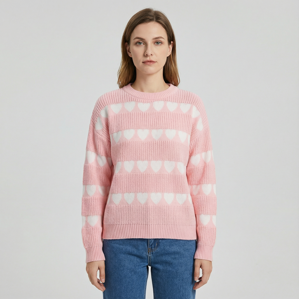 Heart Pattern Round Neck Sweater for Women