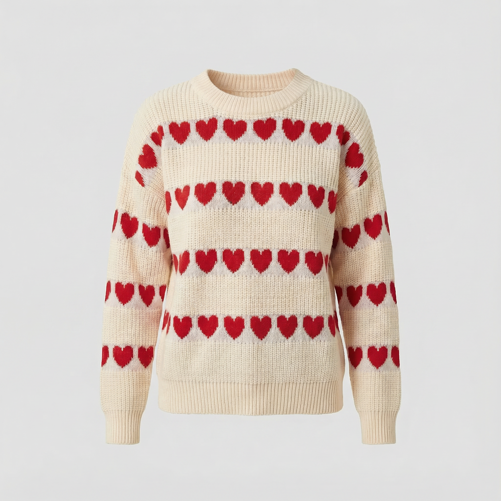 Heart Pattern Round Neck Sweater for Women