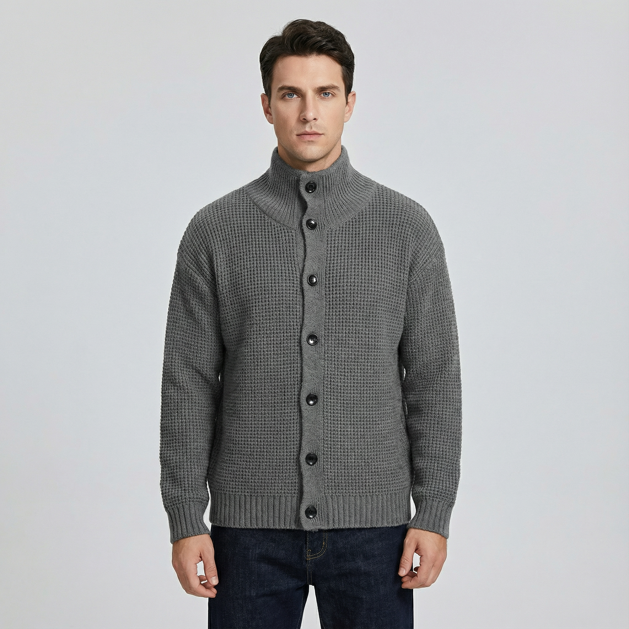 High Collar Knit Cardigan Sweater for Men