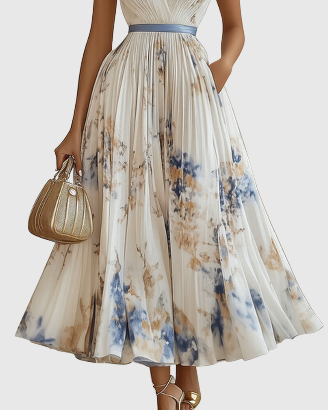 Pleated Maxi Dress V-Neck Long Sleeve for Women