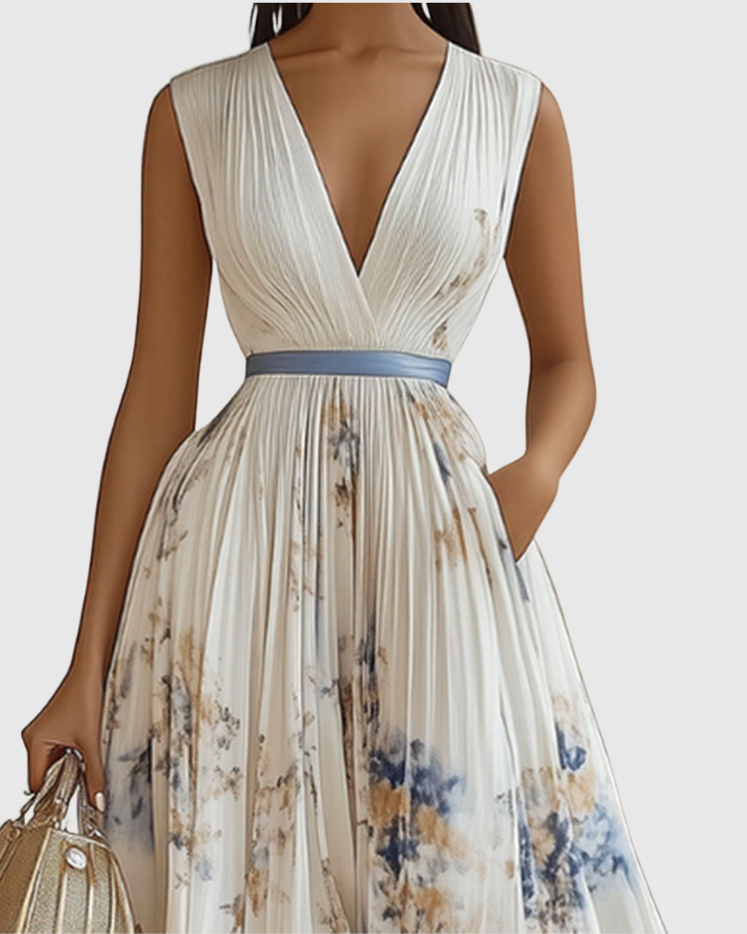 Pleated Maxi Dress V-Neck Long Sleeve for Women