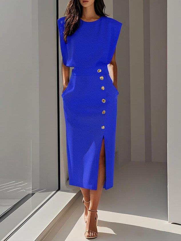 Midi Dress Round Neck Button Detail for Women