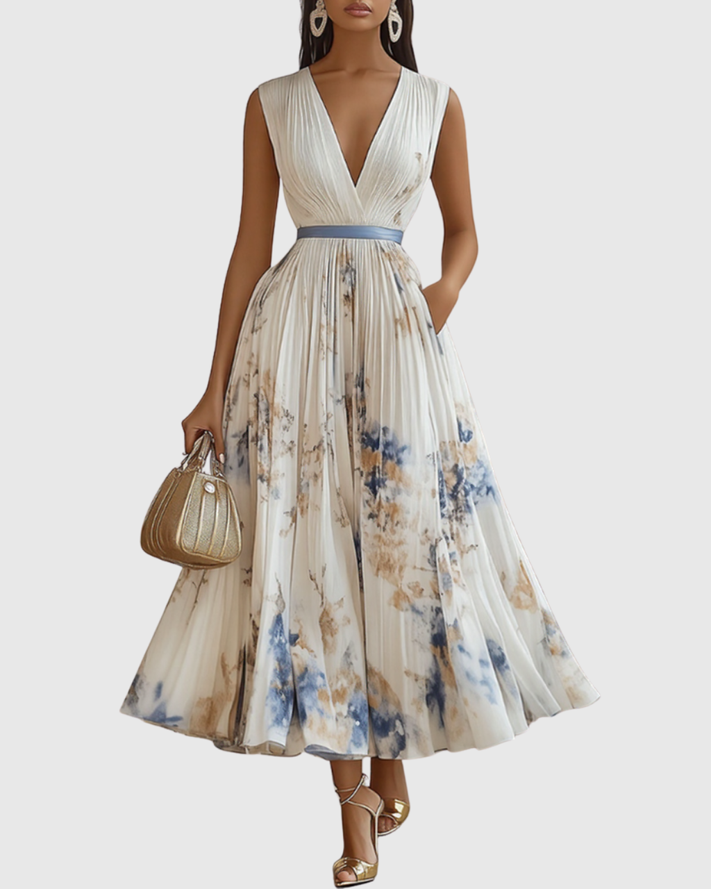 Pleated Maxi Dress V-Neck Long Sleeve for Women