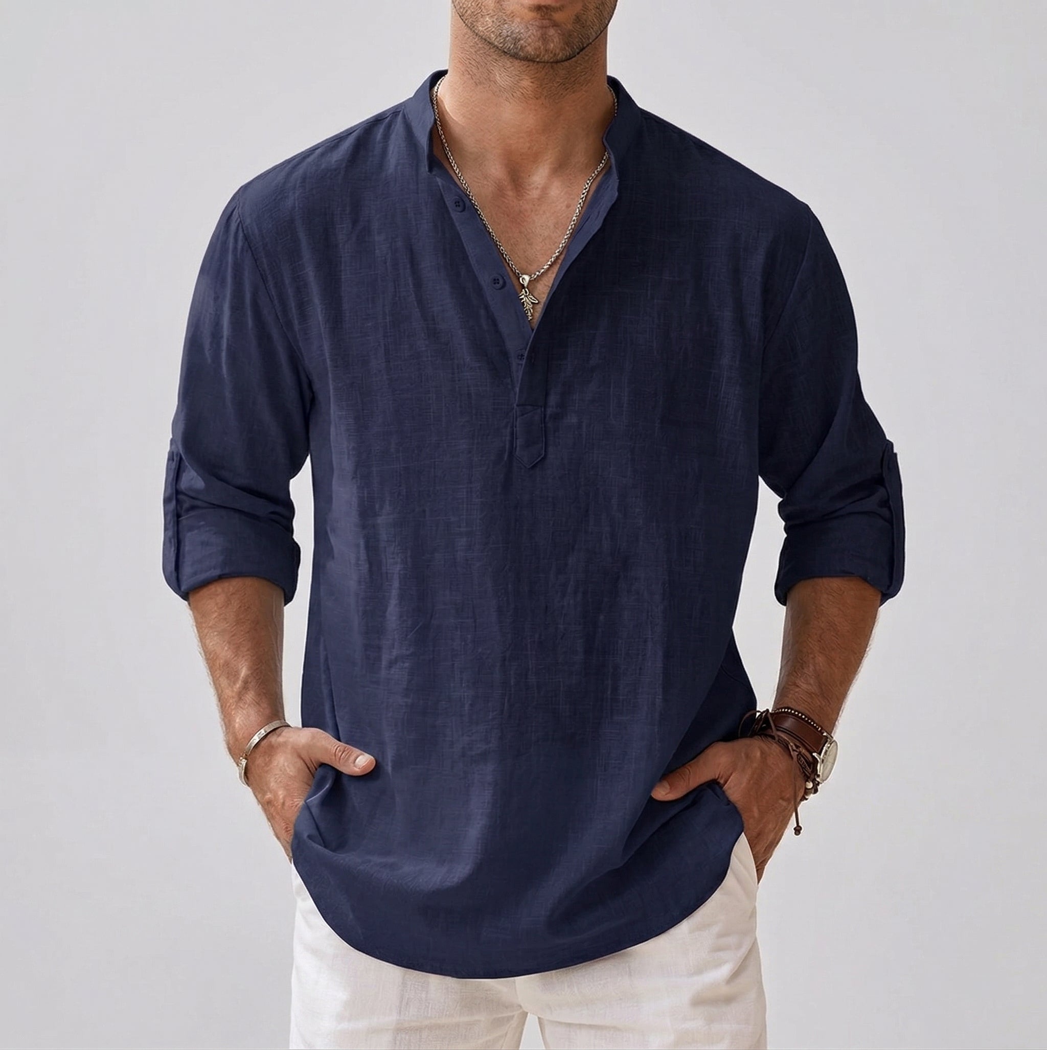 Long-Sleeve Shirt Stand Collar for Men