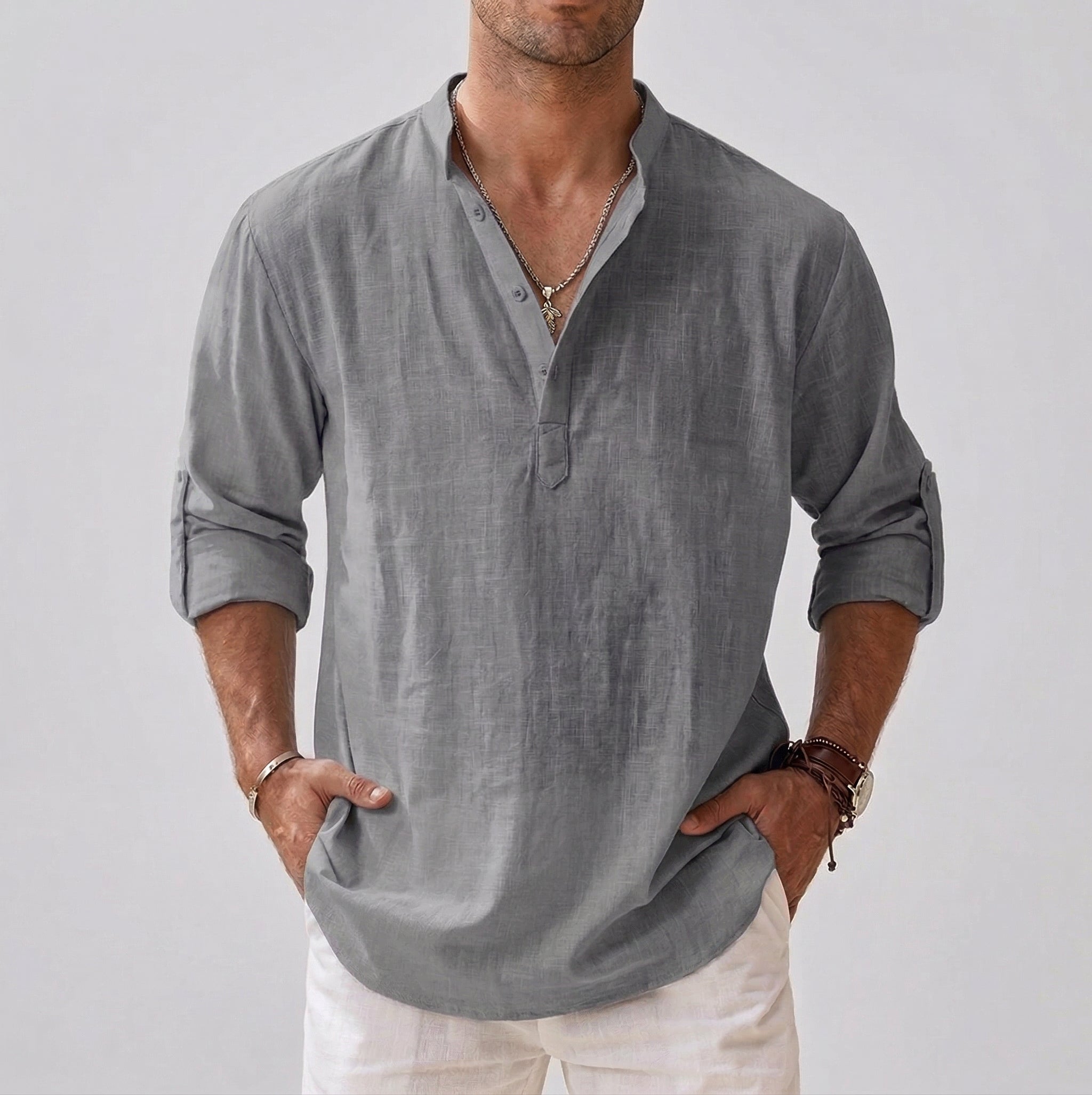 Long-Sleeve Shirt Stand Collar for Men