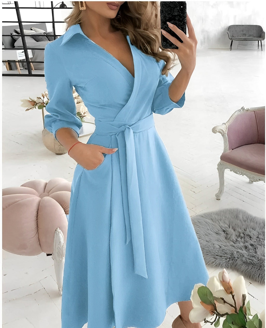 Midi Dress Long Sleeve Wrap V-Neck for Women | Perfect for the Office