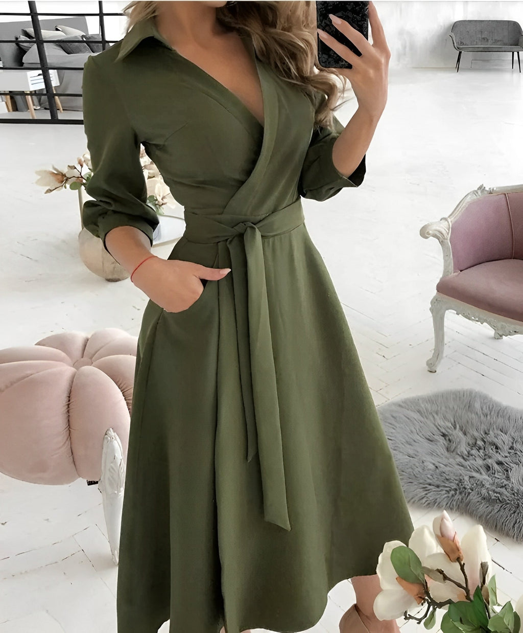 Midi Dress Long Sleeve Wrap V-Neck for Women | Perfect for the Office