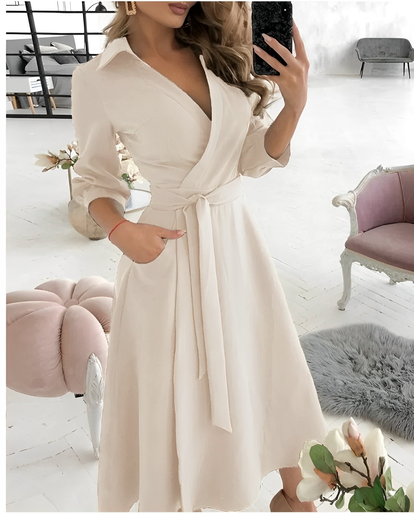Midi Dress Long Sleeve Wrap V-Neck for Women | Perfect for the Office