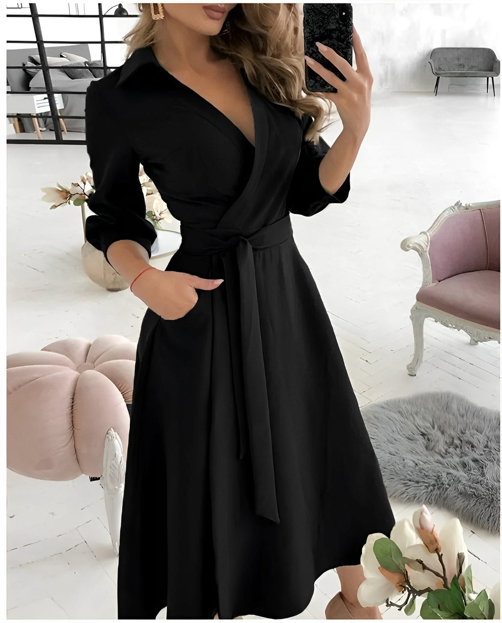 Midi Dress Long Sleeve Wrap V-Neck for Women | Perfect for the Office