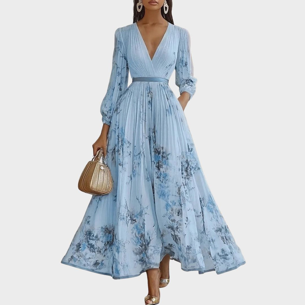 Pleated Maxi Dress V-Neck Long Sleeve for Women